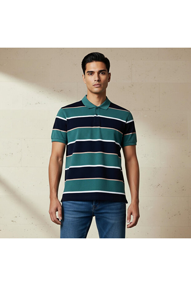 Men Short Sleeve Striped Polo T-shirt