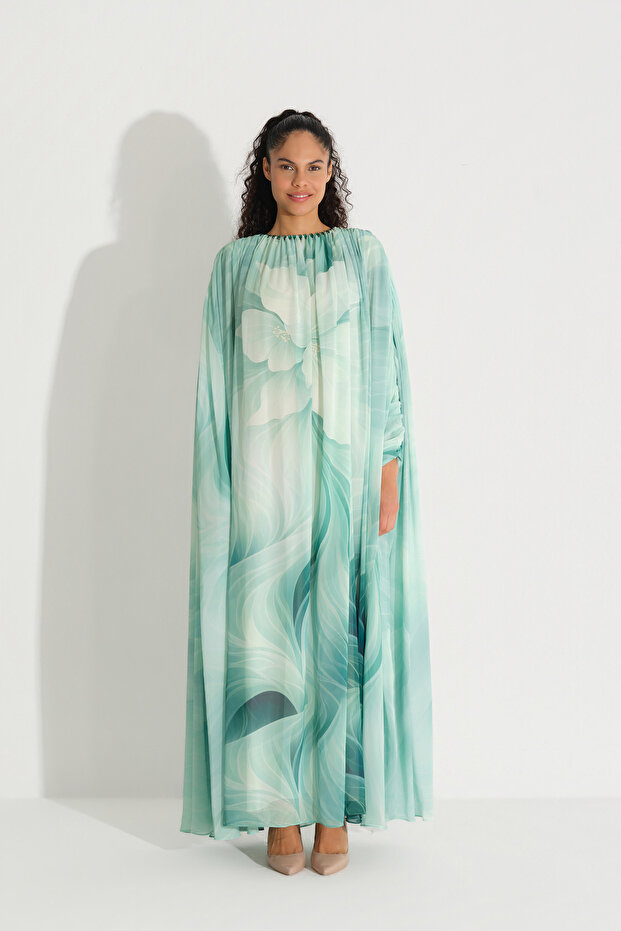 Cloth Flower Patterned Chiffon Dress Green