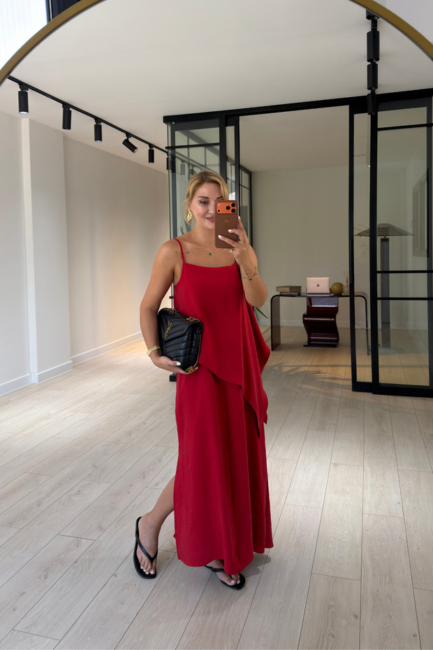 Single Slit Asymmetrical Red Tencel Modal Dress