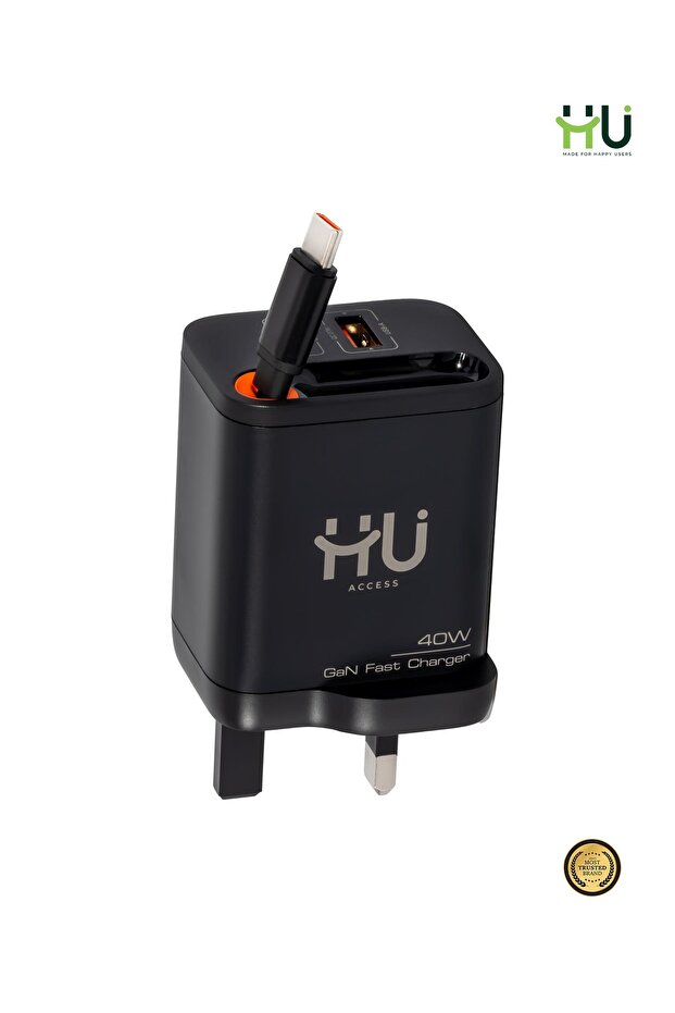 40W GaN Fast Charger UK Plug – 3-Port Wall Charger with Built-in 65cm Cable, USB-C & USB-A Fast Charging Adapter