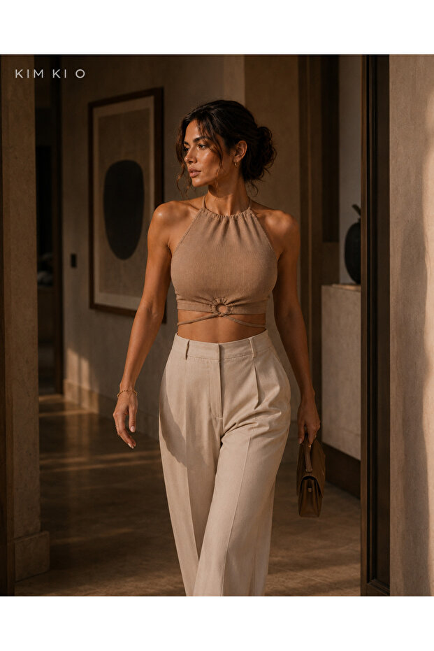 Women's Halter Neck Front Tie Camisole Crop Top