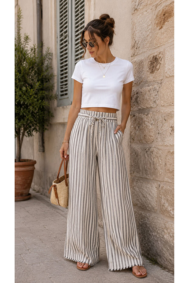 Cream 100% Cotton Black Striped High Waist Muslin Trousers