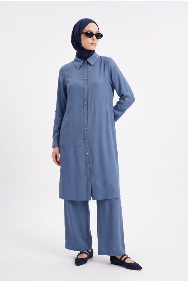 Buttoned Shirt Collar Pants Hijab Double Suit Indigo 26Yt6186