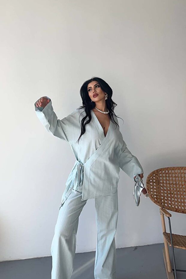 Women's Ice Blue Linen Double-Breasted Top and Bottom Set with Tie Detail Mlb223