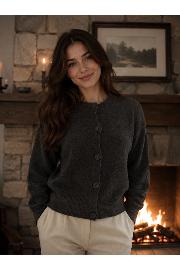 Women's Anthracite Stylish Crew Neck Buttoned Knitwear Cardigan