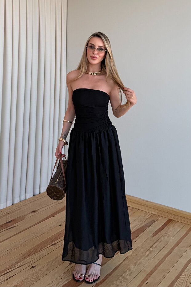 Black Contrast Strapless Dress - 0106