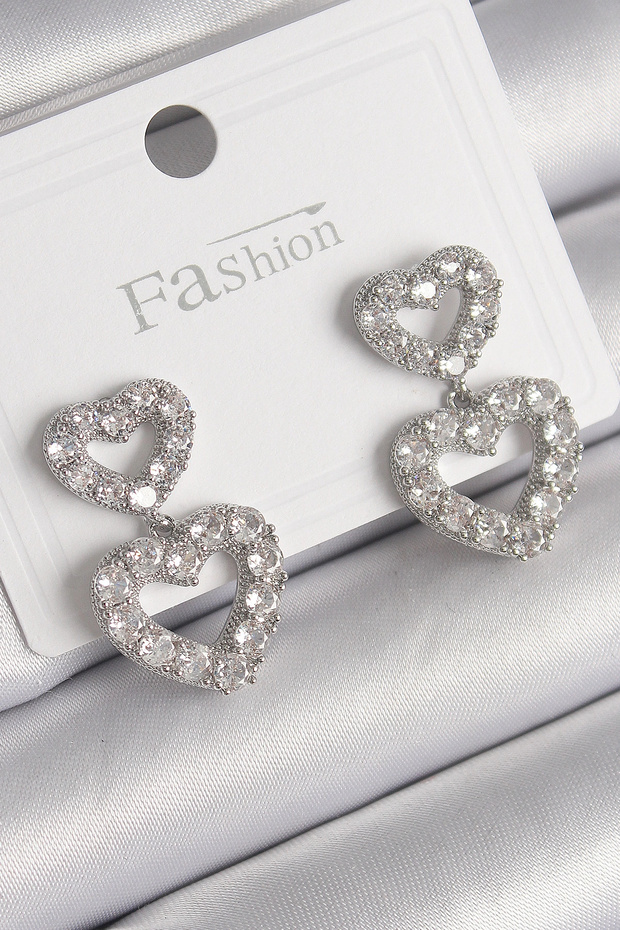 Brass Silver Color Zircon Stone Dangle Heart Model Women's Earrings