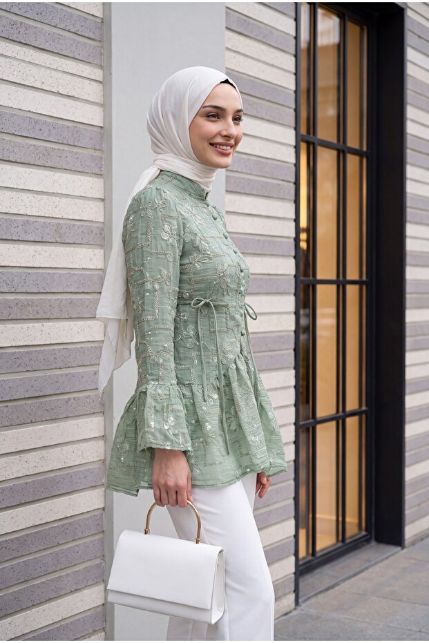 Hakim Yaka Front Buttoned Lined Ruffled Polyviscon Tunic - Water Green