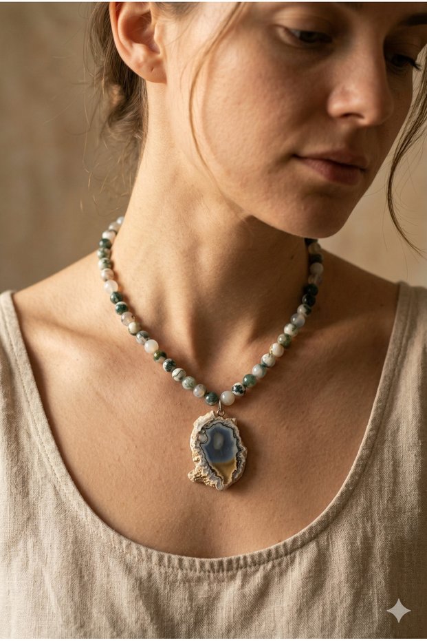 Handmade Moss Agate Natural Stone and Pendant Custom Design Necklace