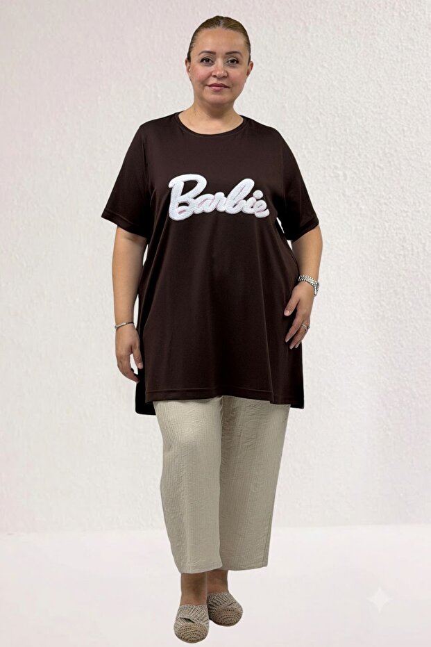 68509 Large Size Front Printed Ribbed Thin Modal T-Shirt - Coffee