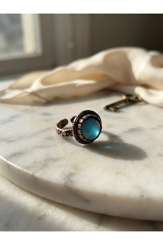 Blue Agate Natural Stone Authentic Embossed Copper Body Adjustable Ring