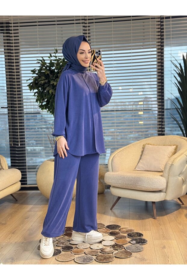 22831-5 بدلة مخيطة من الأمام باللون الأزرق الداكن