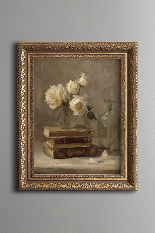 Books, Vase and Rose Still Life – Vintage Patterned Painting – Thick Model