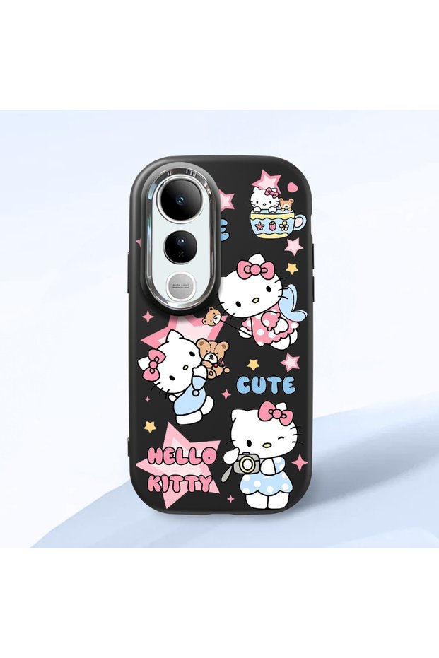 Vivo V50 Lite Compatible Case Camera Protector Black Silicone Couple Phone Case Kitty Pattern