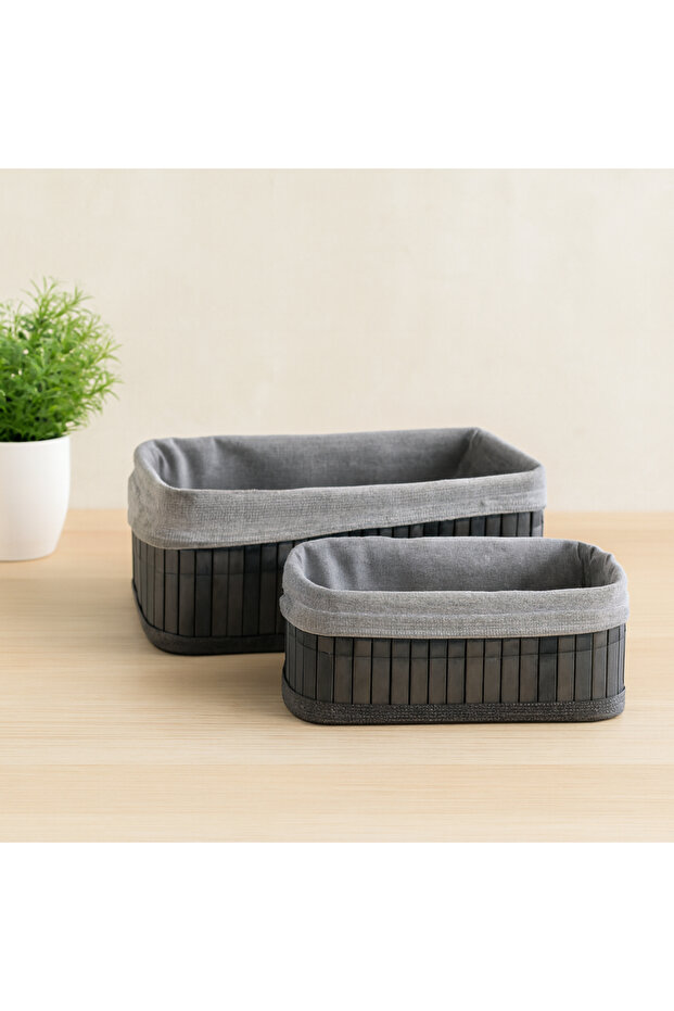 Gray Bamboo Edged Rectangular Organizer Basket (25X14 / 28X18 cm) - Wooden Base, Fabric