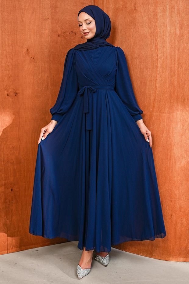 Navy Blue Collar Detailed Waist Belted Evening Dress