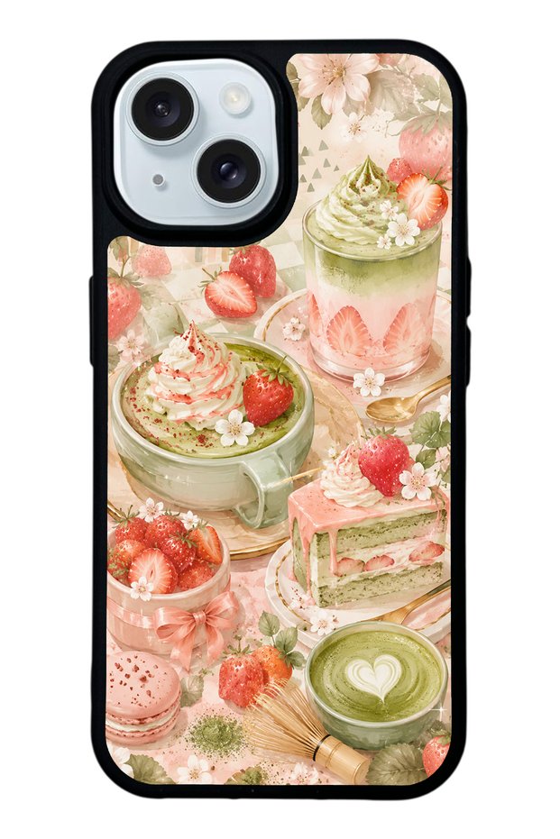 iPhone 15 Blush Matcha Garden Design Glossy Phone Case