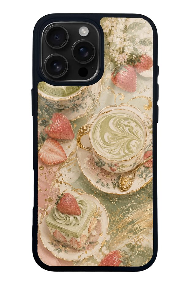 iPhone 16 Pro Max Glossy Phone Case with Sage Strawberry Matcha Design