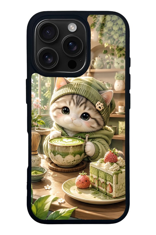 iPhone 16 Pro Matcha Kitty Café Design Glossy Phone Case