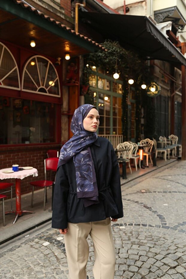 Allure Tulip Pattern Tencel Shawl - Navy Blue