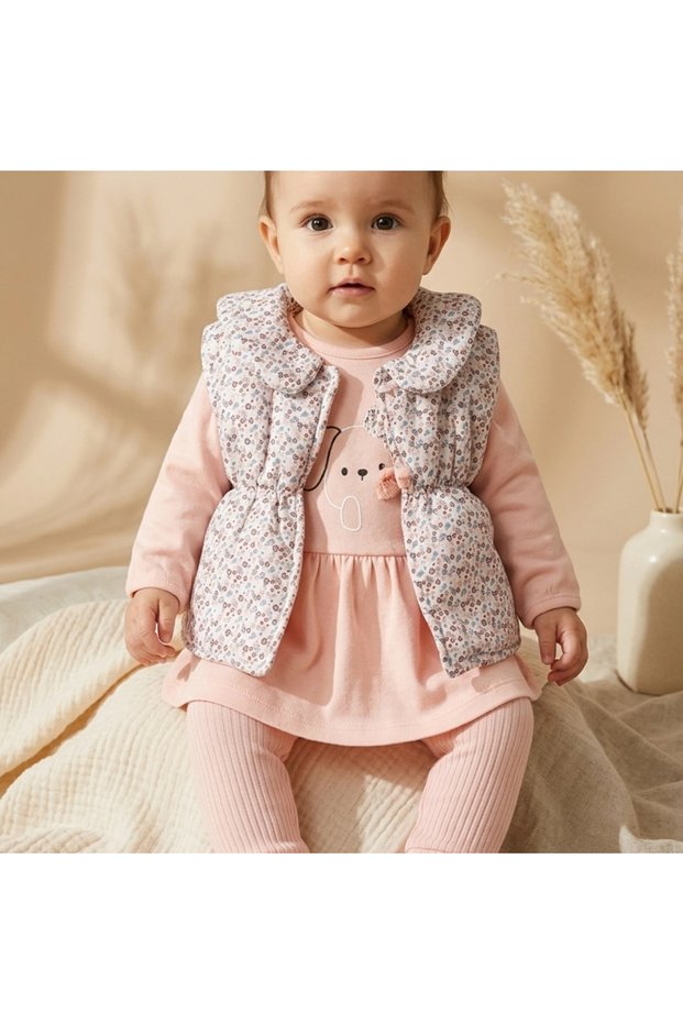 Mia Baby Girl Pink Floral Puffy Vest Triple Combination Set - Cotton Rabbit Print Tunic and Trousers