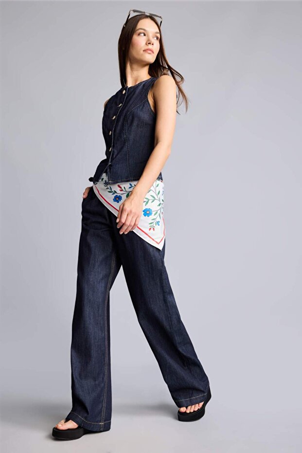 100% Cotton Wide Leg Indigo Jean Trousers with Pockets I0072Ax26Hs