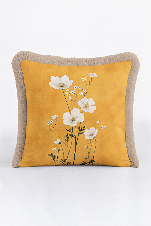 Floral Patterned Yellow Elegant Fringed Pillowcase - Botanical White Mustard Cream Tassel Throw Pillow Cover