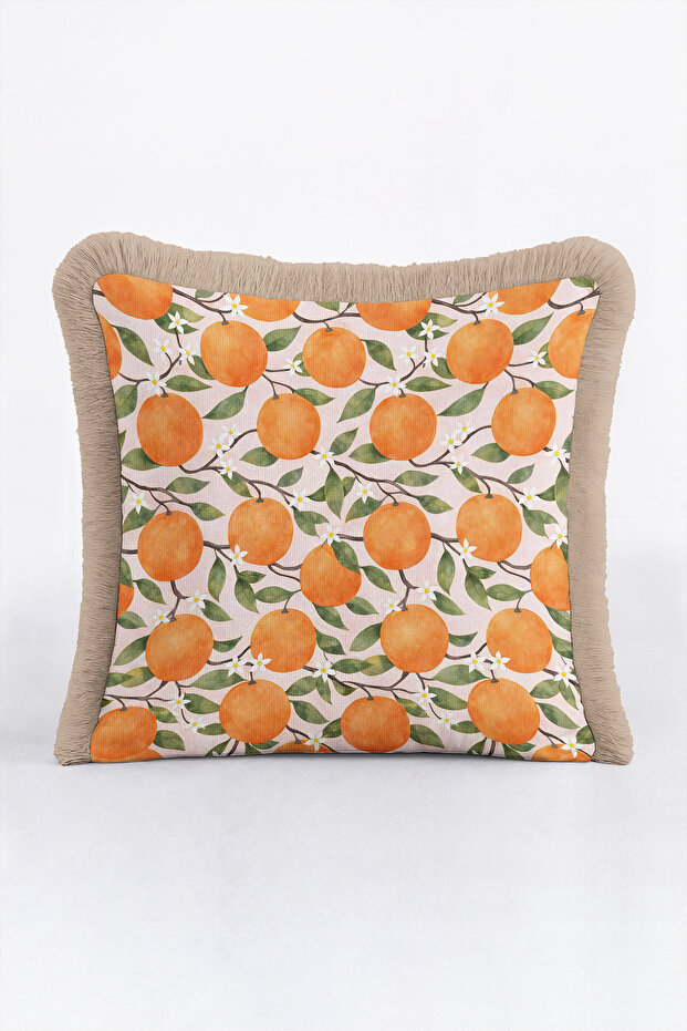 Orange Design Citrus Fringed Pillowcase-Fruit Garden Green Cream Tufted Throw Pillow Cover