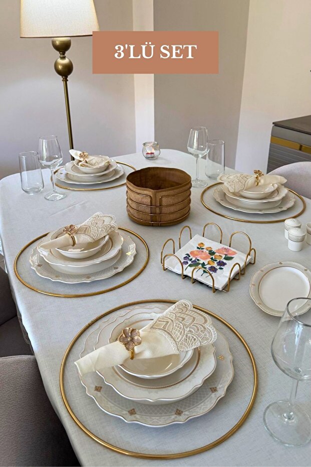 Set of 3 Shiny Gold 6-Piece Supla Square Napkin Holder Round Bread Basket Kitchen Set