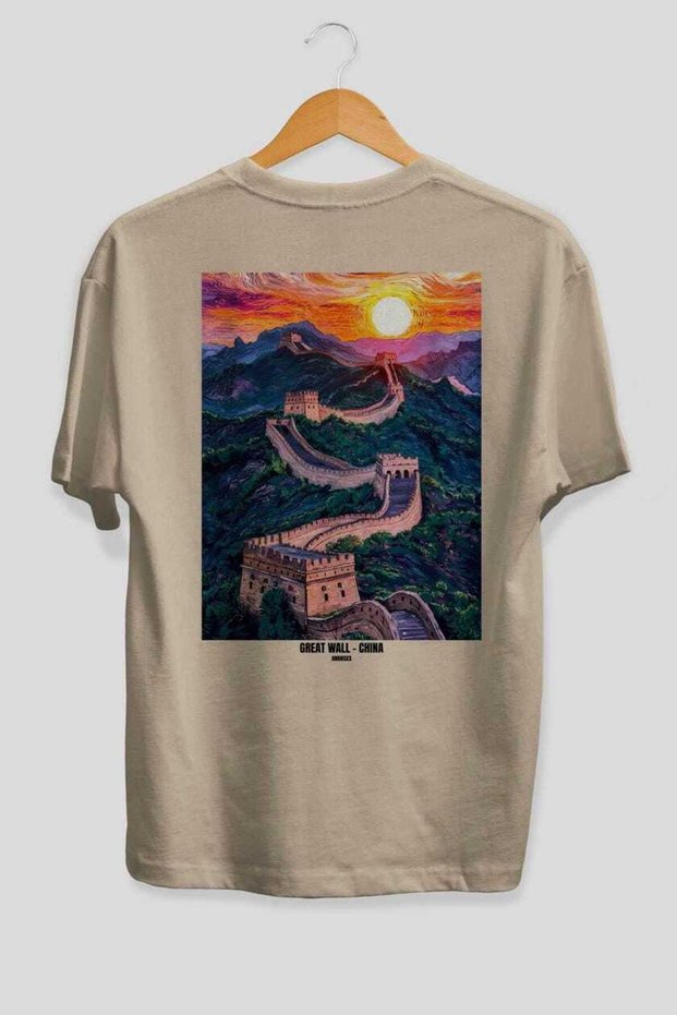 Great Wall of China 2 Beige Oversize Country City Back Printed Unisex T-Shirt 100% Cotton Premium