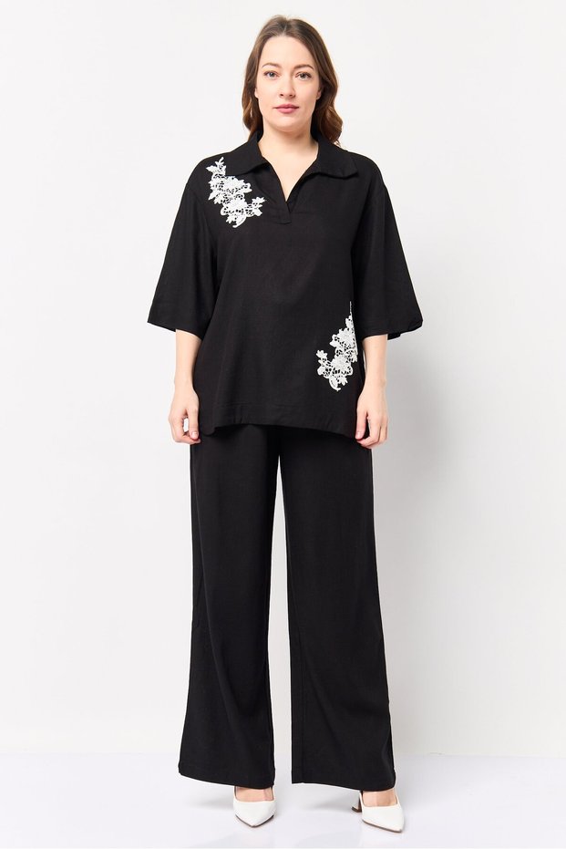 Women 2 Pieces Embroidered Shirt And Palazzo Pants Set, Black