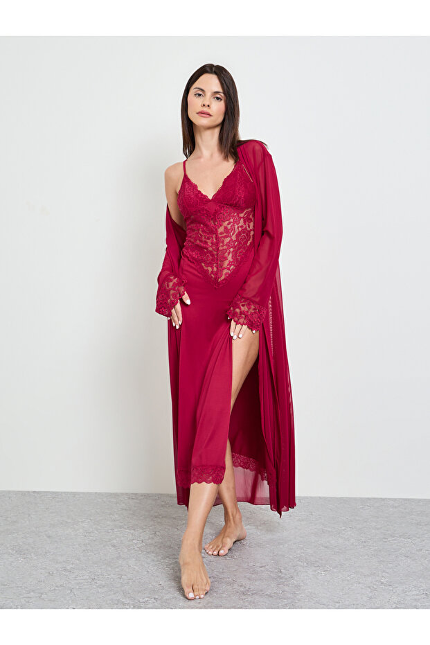Burgundy Pack Of 2 - Lace Slip And Robe Set