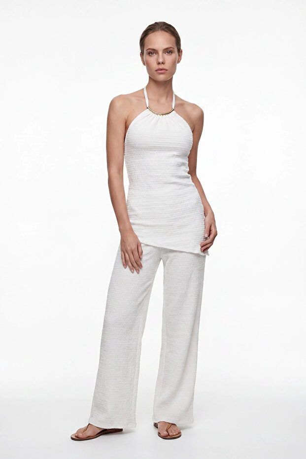 Halter Neck Draped Blouse and Wide-Leg Pants Set
