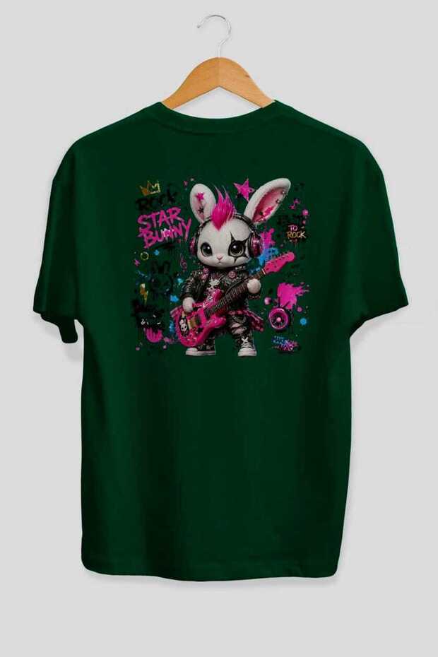 Rock Star Bunny Oversize Back Printed Green T-Shirt Unisex %100 Cotton Premium Design Streetwear