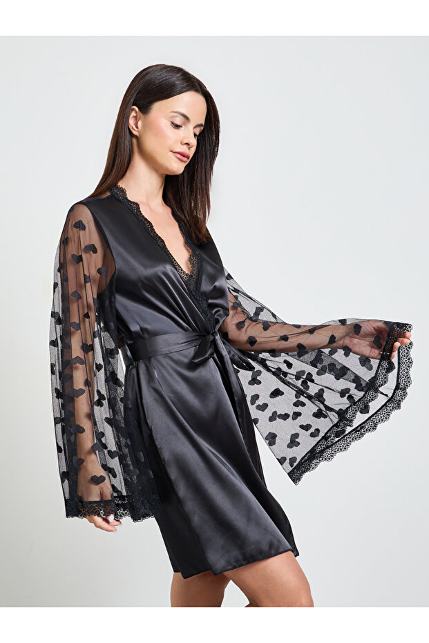 Black Satin Mesh Heart Pattern Robe