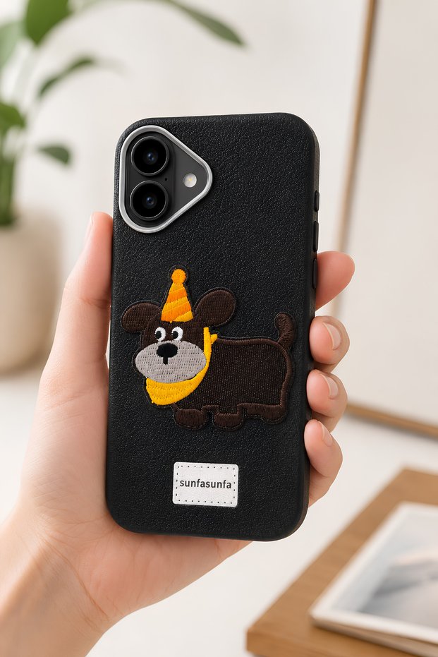 iPhone 17 Compatible Leather Look Silicone Cover with Embroidered Hat and Dog Figure