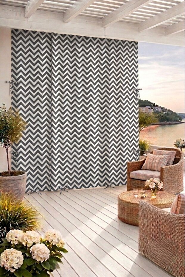 Black Zi̇kzak-Balcony Curtain with Enxboy Option and Laces, Rainproof