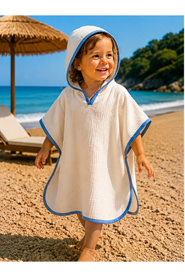 100% Cotton Muslin Pareo Towel - Baby Boy & Child Beach and Bath Towel Bathrobe Poncho (0-2 Years)
