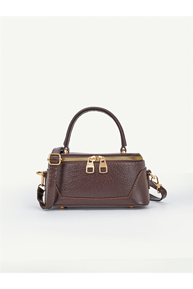 Enzo Model Women's Box Model Leather Handle Zippered Crossbody Handbag and Shoulder Bag