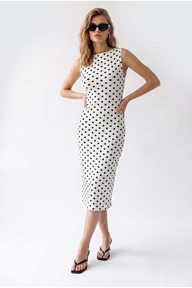 2179 Women's Polka Dot Boat Neck Slit Midi Dress White