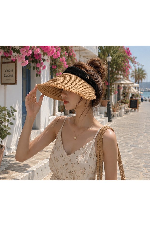 Open Top Striped Straw Visor Hat
