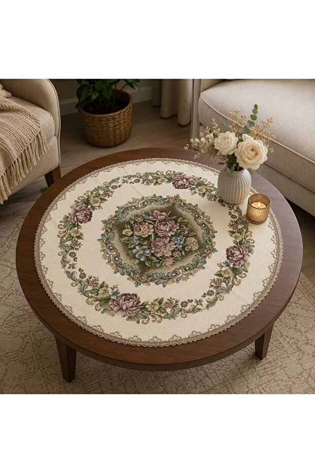Royal Bouquet 95 cm Round Chenille Tapestry Coffee Table Cover