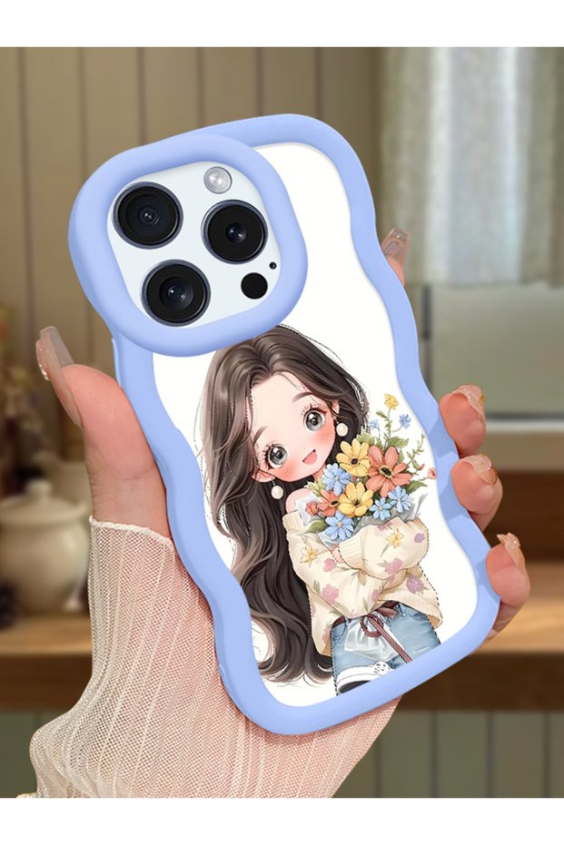 iPhone 15 Pro Max Compatible Case Camera Protector Blue Silicone Couple Phone Case Girl Pattern