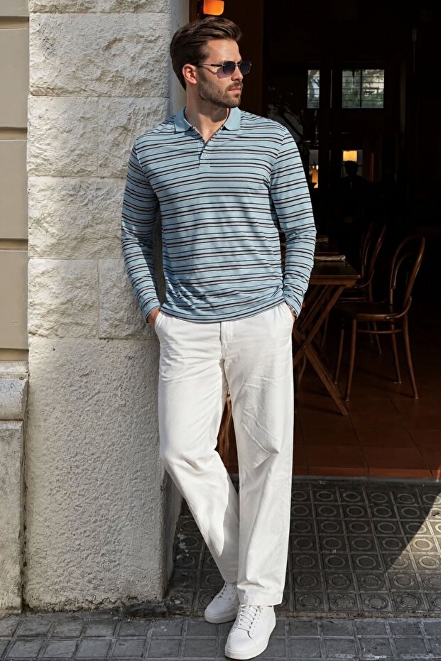 Blue Regular Fit Striped Polo Collar Men's T-Shirt E7192
