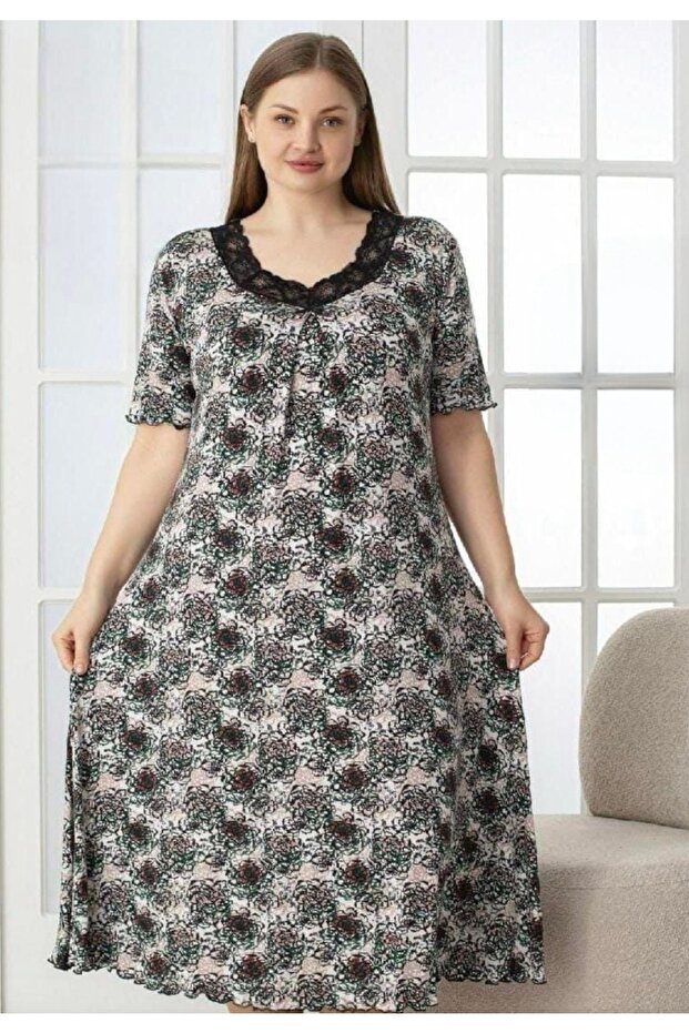 Plus Size Floral Patterned Combed Cotton Nightgown - Ecru