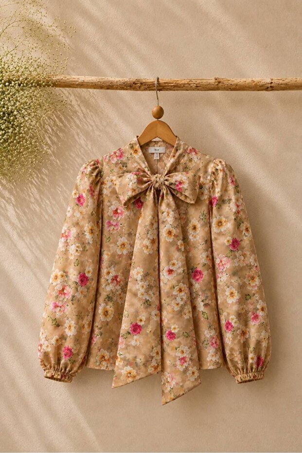 Vintage Pink Pastel Patterned Bow Blouse