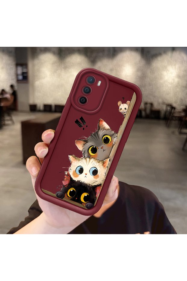 Oppo A16 Compatible Case Camera Protector Claret Red Silicone Couple Phone Case Cat Pattern
