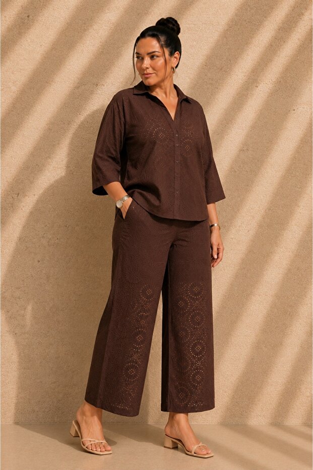 Women's Plus Size Scallop Embroidered Half-Lined Shirt and Pants 2-Piece Set (Not Stretchy)