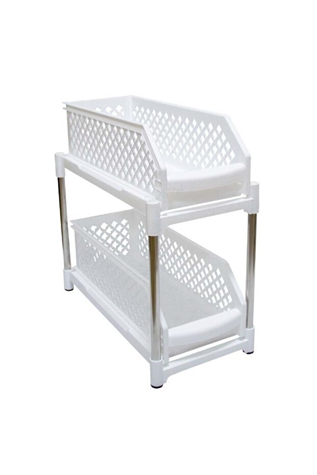 2 Tier Sliding Shelves Portable Storage Organiser, White Plastic with Metal Legs, Stackable Pull Out Basket Rack