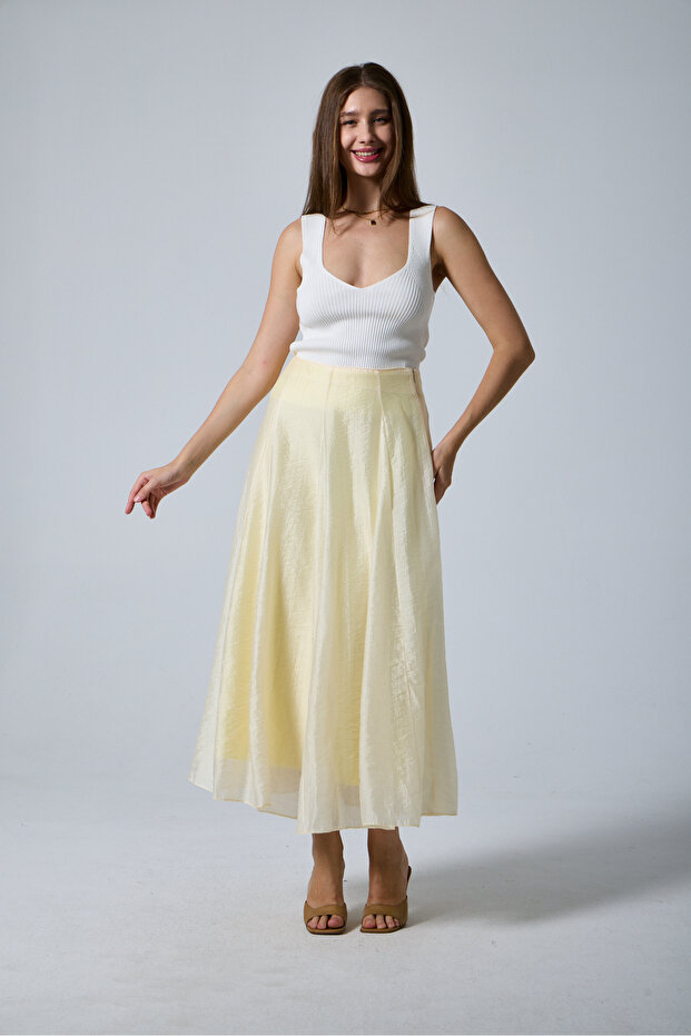 Yellow Color Panel Stitched Flared Skirt with Zipper at the Waist